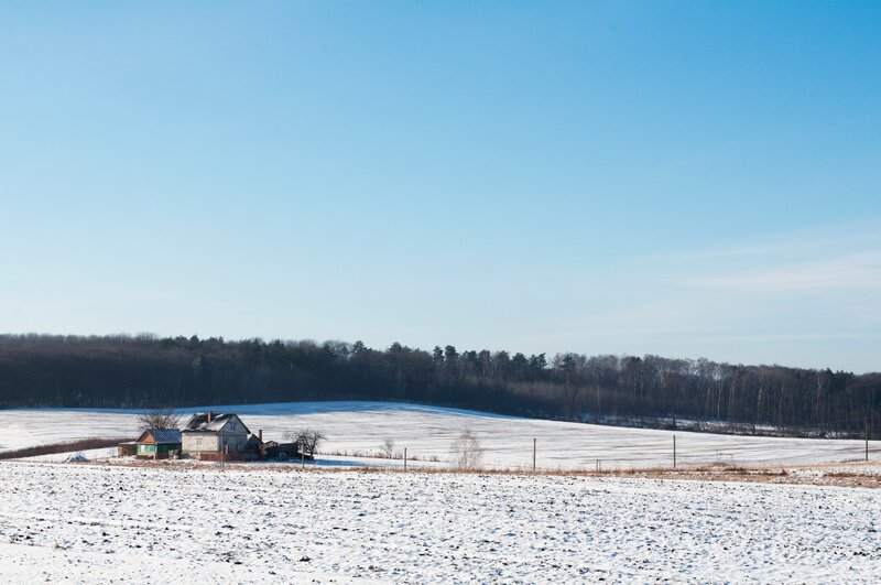 Farmhouse in Snow — White, Serene, Winter, Photograph, Trees