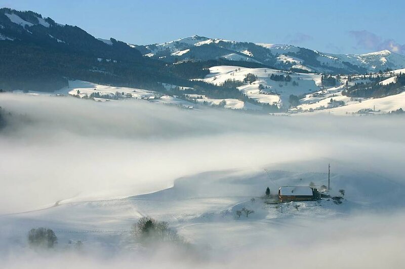 Farmhouse in Snowy Valley — White