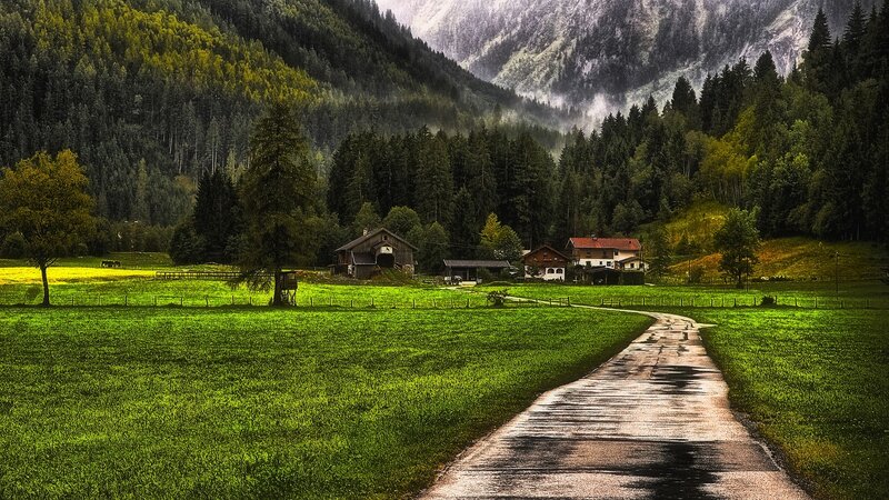 Farmhouse in Valley — Green, Serene, Morning, Photograph