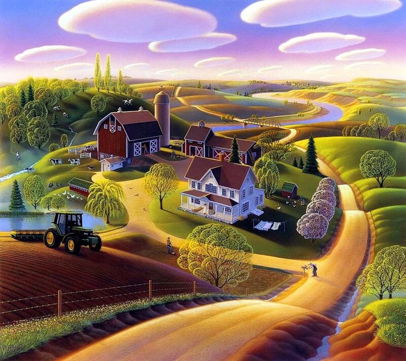 Farmhouse in Valley — Green, Serene, Sunset