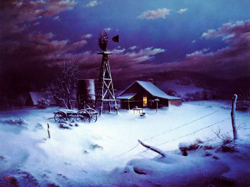 Farmhouse in Winter — Blue, Serene