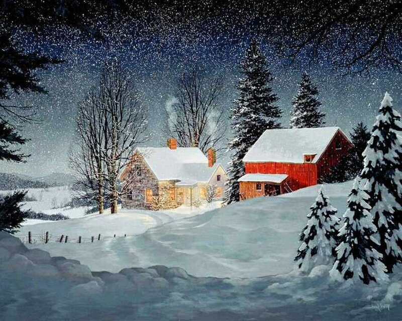 Farmhouse in Winter — White, Serene, Night, Painting, Barn