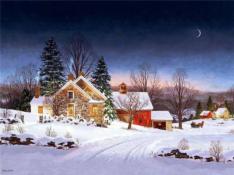 Farmhouse in Winter — White, Serene, Night
