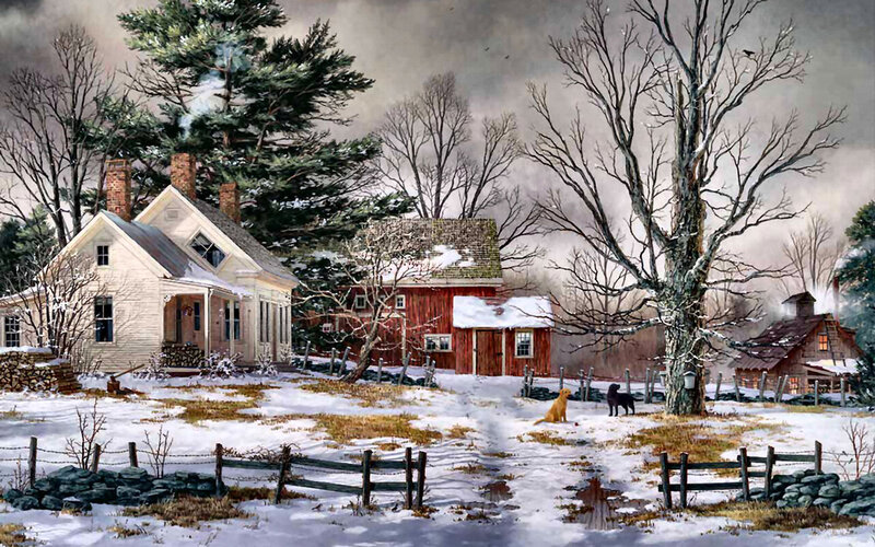 Farmhouse in Winter — White, Serene, Painting, Dogs