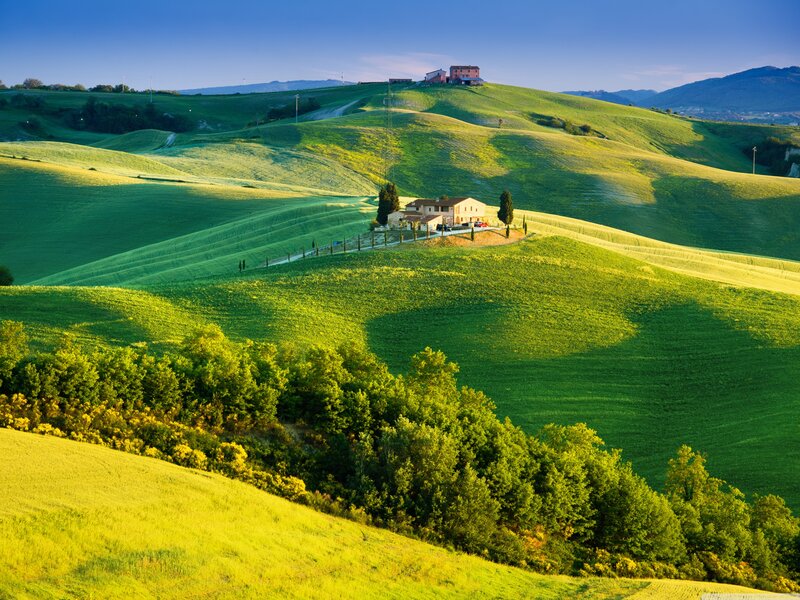 Farmhouse on Green Hills — Serene, Morning, Photograph