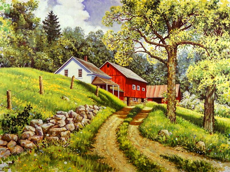 Farmhouse on Hillside — Green, Serene, Afternoon, Painting