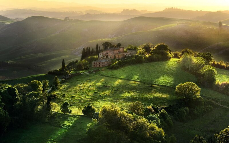 Farmhouse on Hillside — Green, Serene, Sunset, Photograph, Hills
