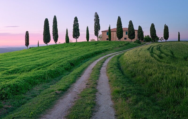 Farmhouse on Hillside — Green, Serene, Sunset
