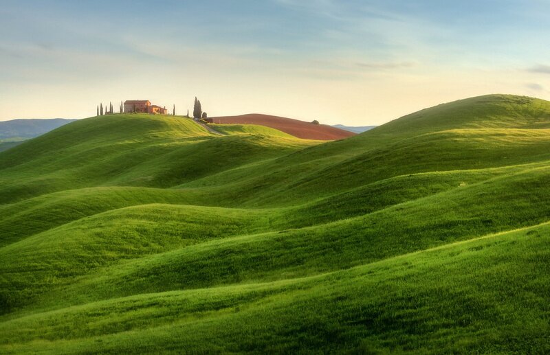 Farmhouse on Hilltop — Green, Serene, Morning, Photograph, Hills, Cypress Trees