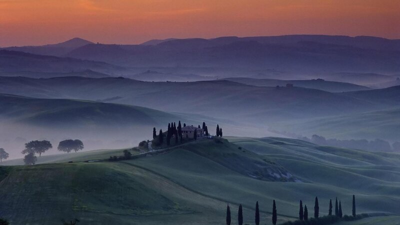 Farmhouse on Hilltop — Green, Serene, Sunrise, Photograph, Hills