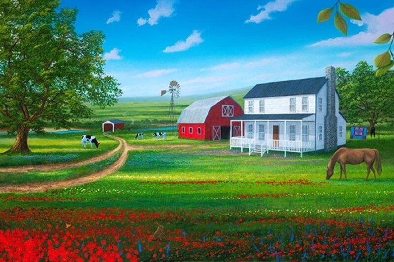 Farmhouse with Barn — Green, Serene, Afternoon, Painting