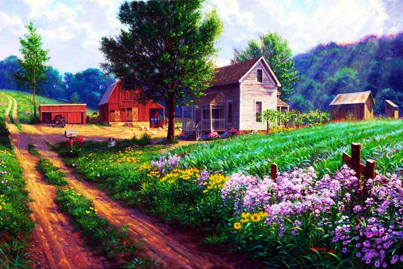 Farmhouse with Barn — Green, Serene, Afternoon