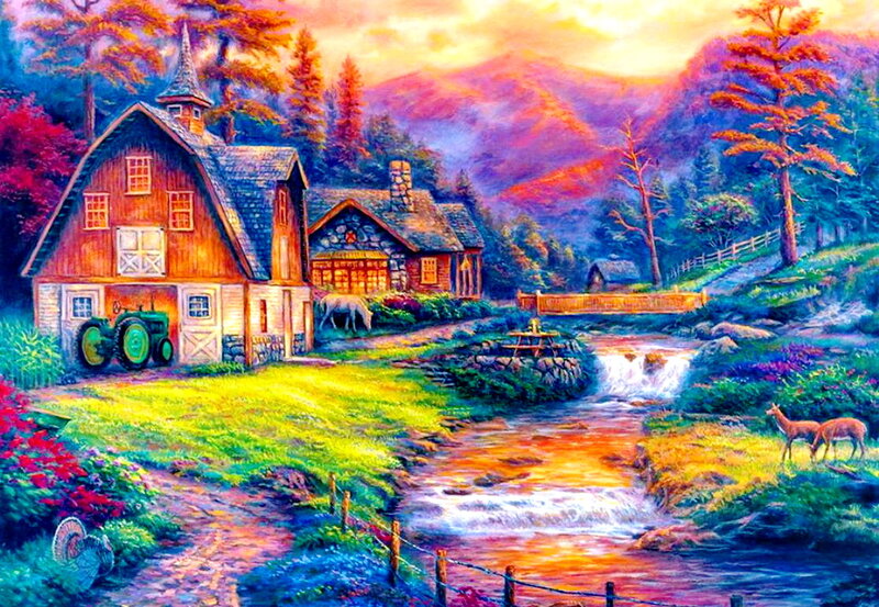 Farmhouse with Barn — Green, Serene, Sunset