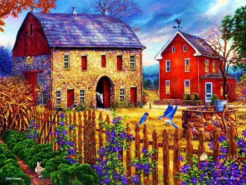 Farmhouse with Barn — Red, Serene
