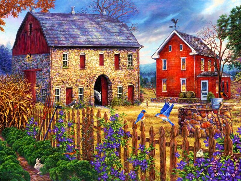 Farmhouse with Barn — Red