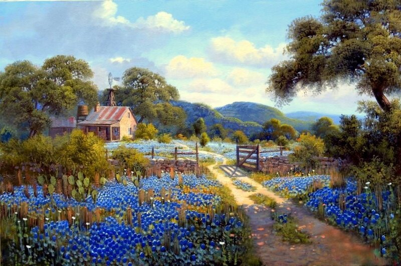 Farmhouse with Blue Flowers