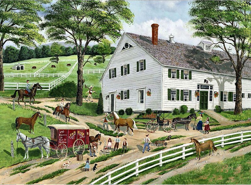 Farmhouse with People and Horses