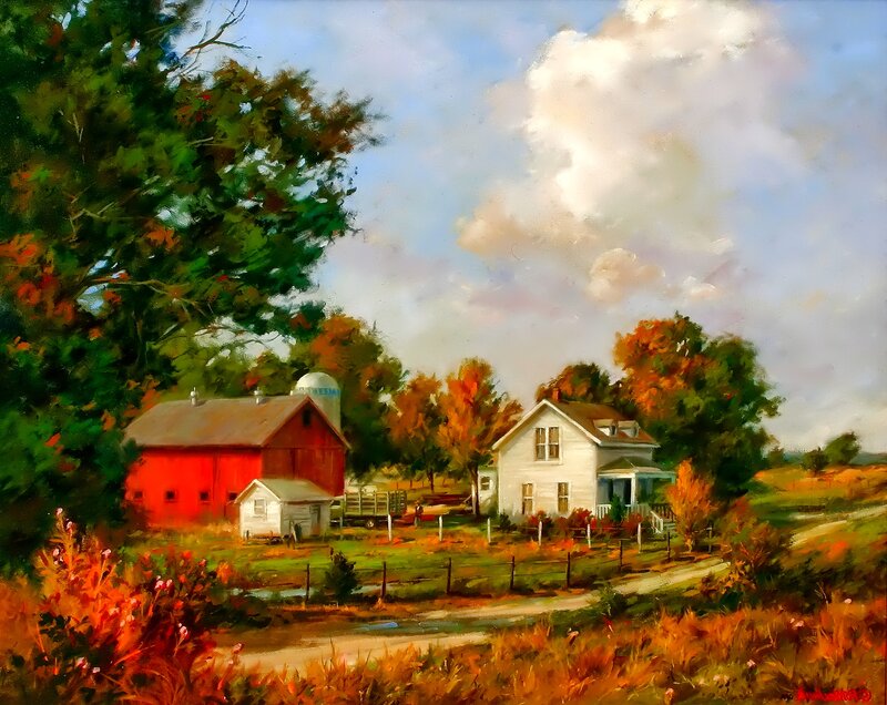 Farmhouse with Red Barn