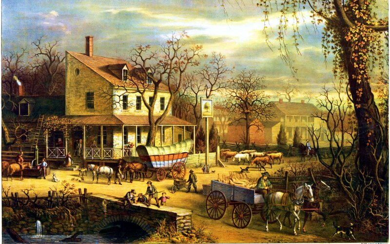 Farmhouse with Wagon — Brown