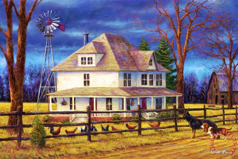 Farmhouse with Windmill — Blue, Dramatic