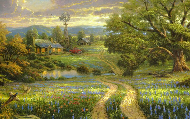 Farmhouse with Windmill — Green, Serene, Sunset, Painting, Red Truck, Pond, Trees