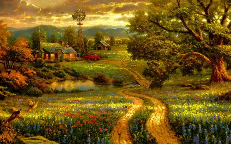 Farmhouse with Windmill — Green, Serene, Sunset, Painting