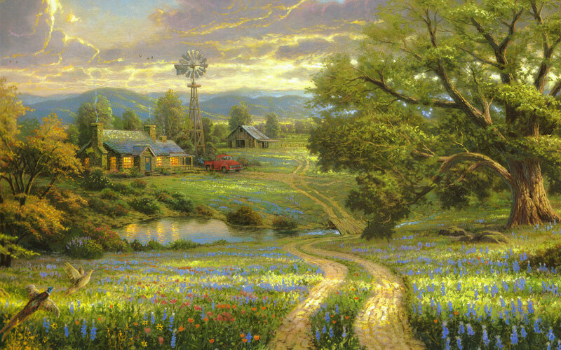 Farmhouse with Windmill — Green, Serene, Sunset