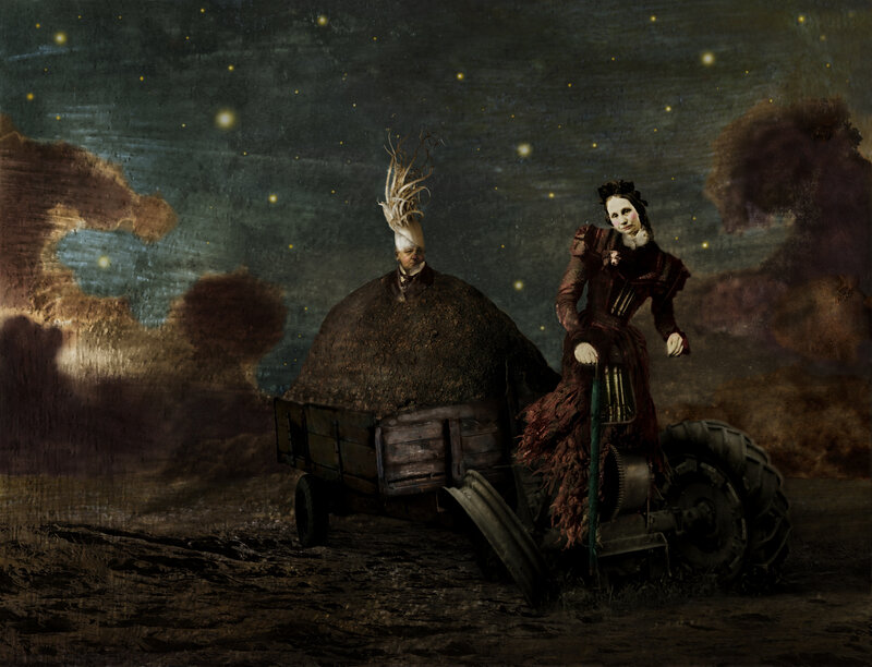 Farming couple in surreal landscape