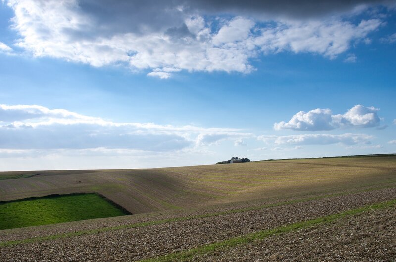 Farmland under Cloudy Sky — Blue, Serene, Afternoon