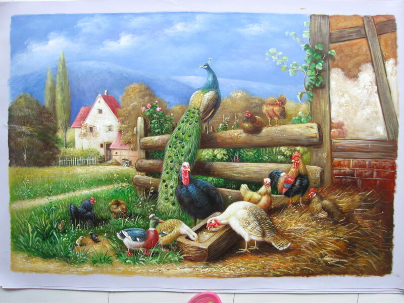Farmyard with Peacock and Chickens