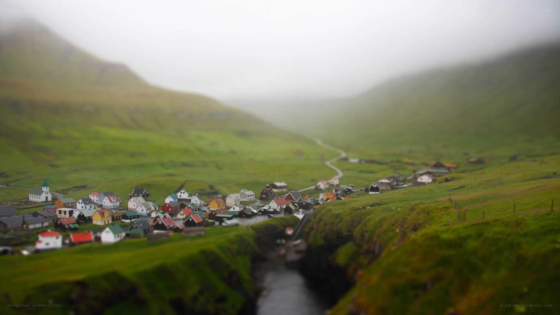 Faroese village in fog