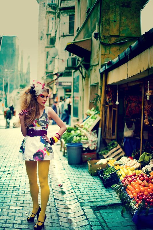 Fashion model at fruit market