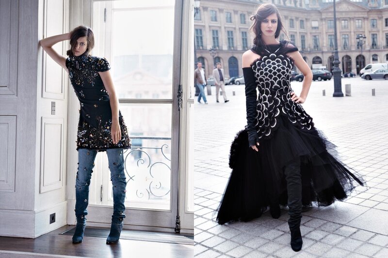 Fashion model in two outfits