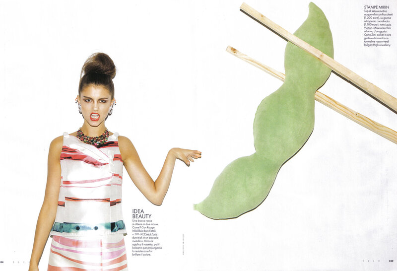 Fashion model with green bean prop