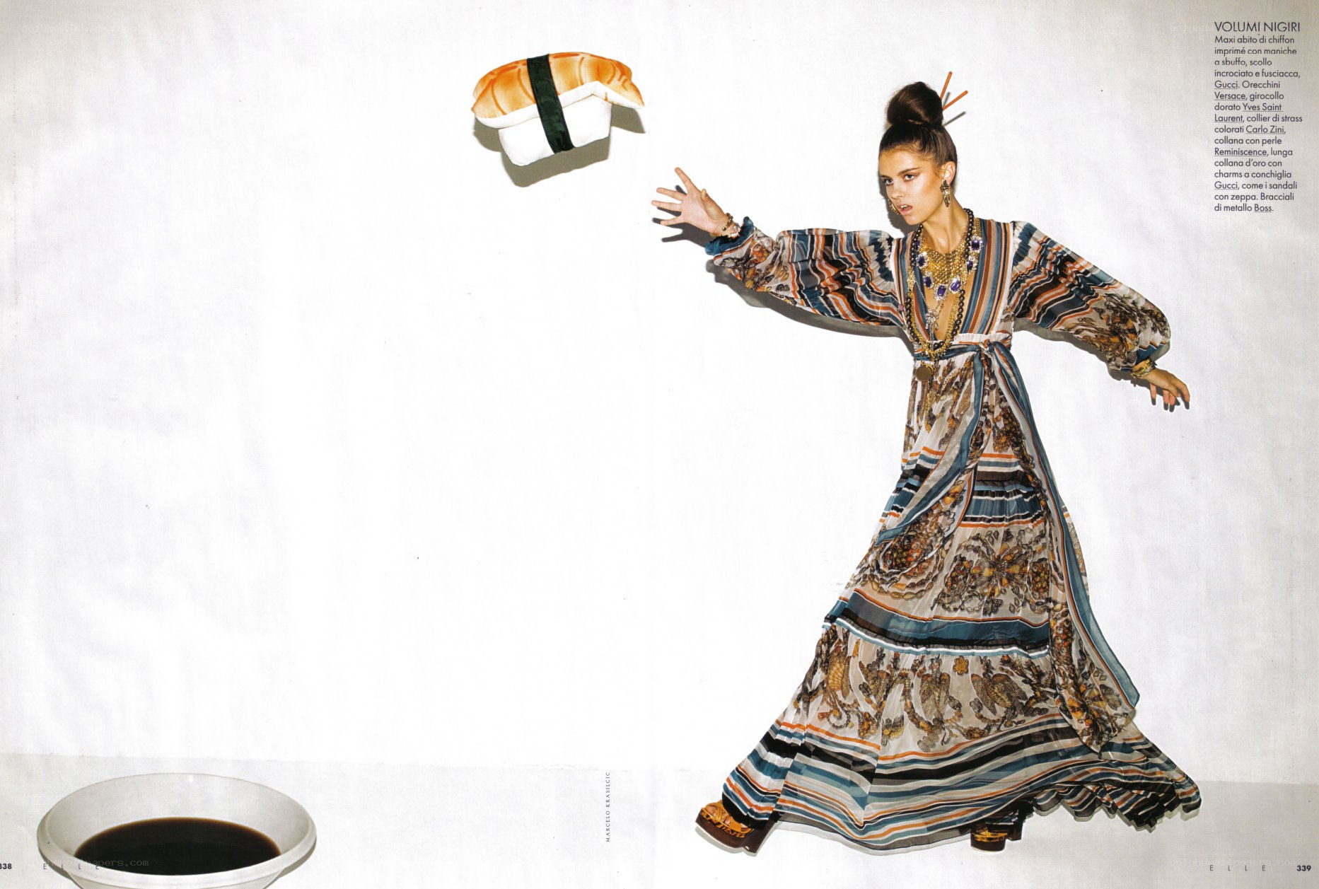 Fashion model with sushi prop