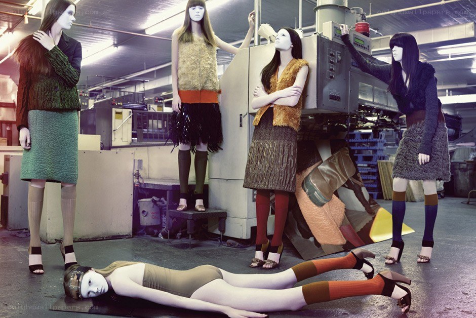 Fashion models in industrial setting