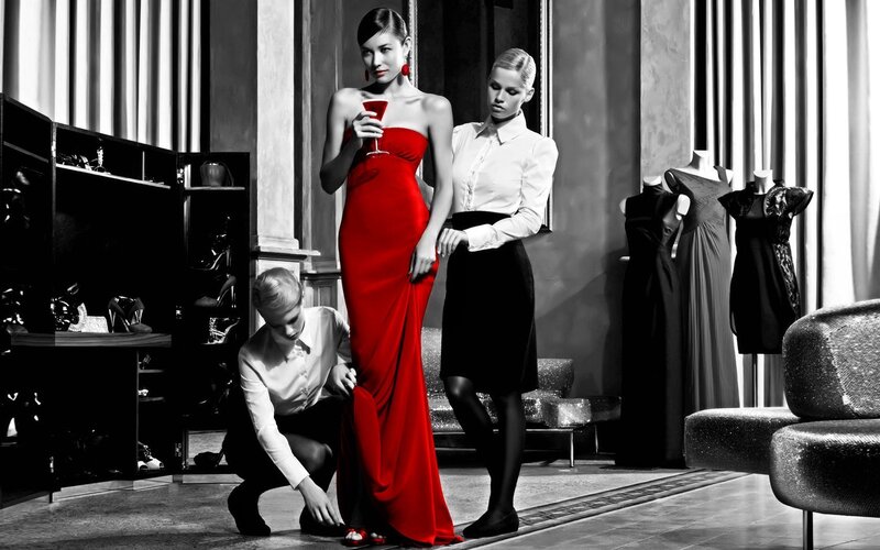 Fashion photoshoot in red dress