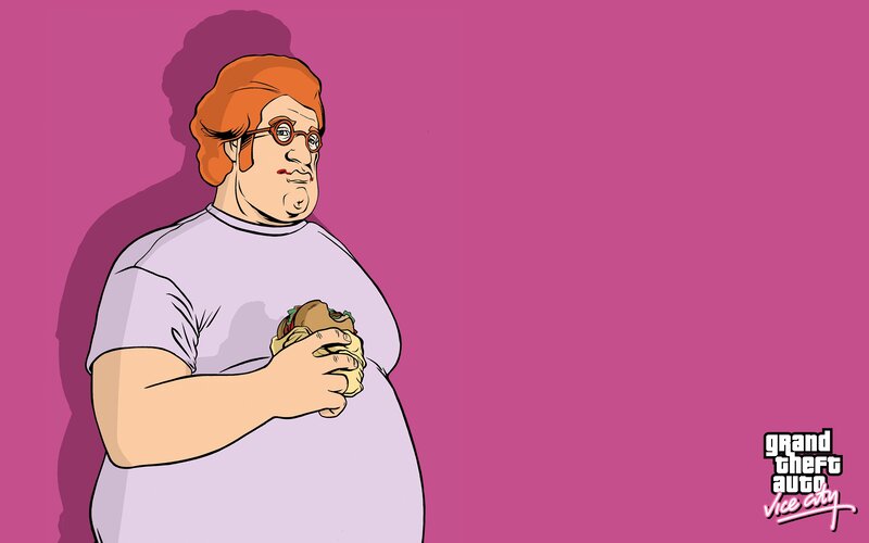 Fat man eating sandwich
