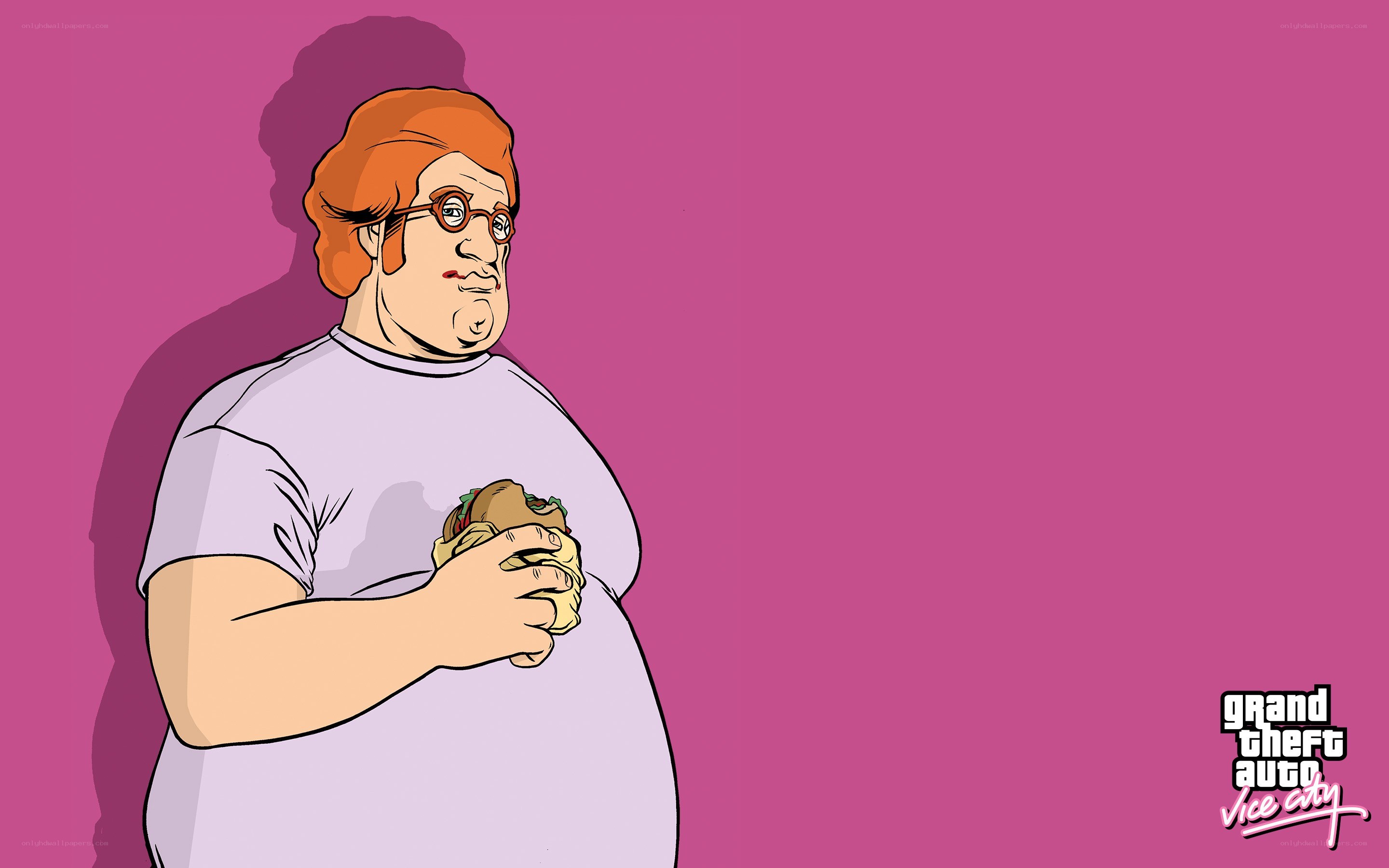 Fat man eating sandwich