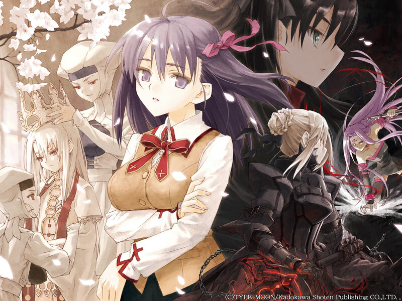 Fate/stay night characters in a cherry blossom scene