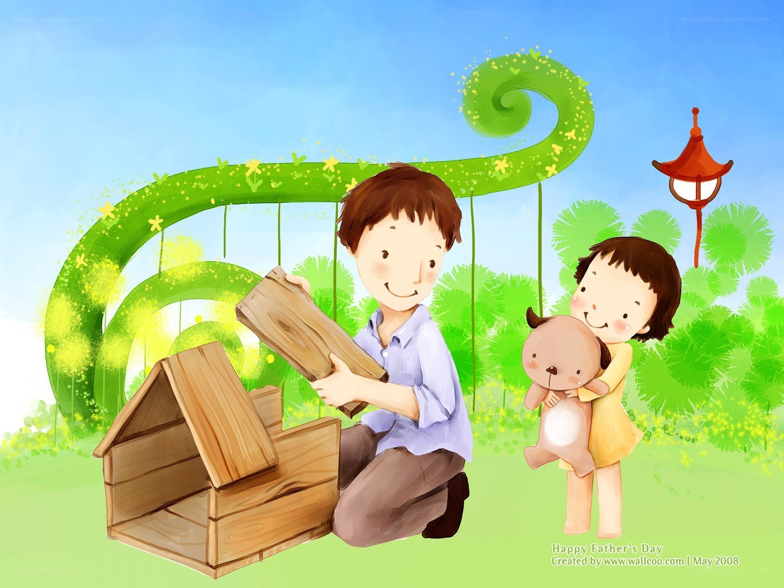 Father and child building a doghouse