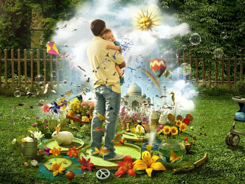 Father and child in a magical garden