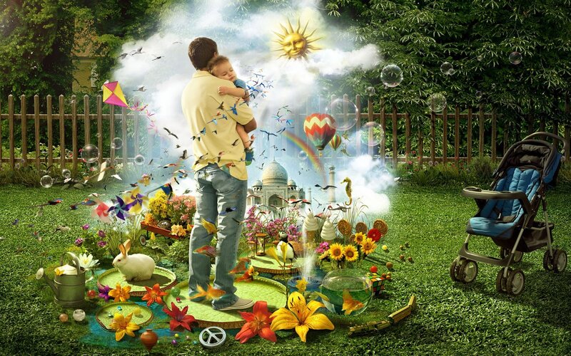 Father and child in magical garden