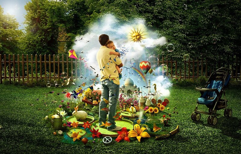 Father and child in magical garden