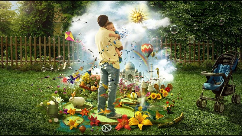 Father and child in magical garden
