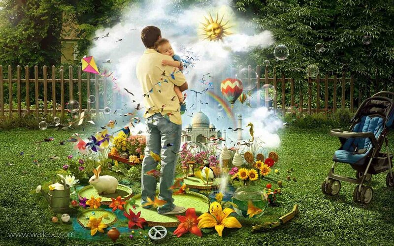 Father and child in magical garden