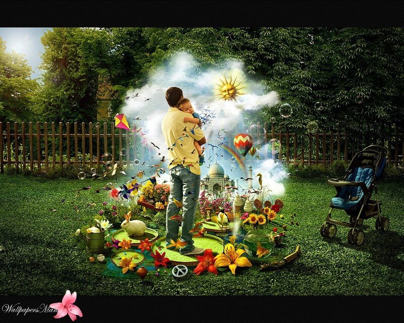 Father and child in magical garden
