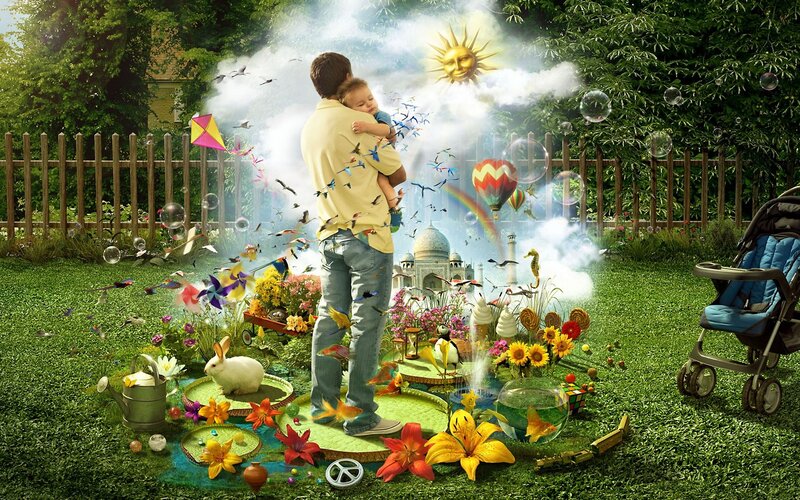 Father and child in magical garden