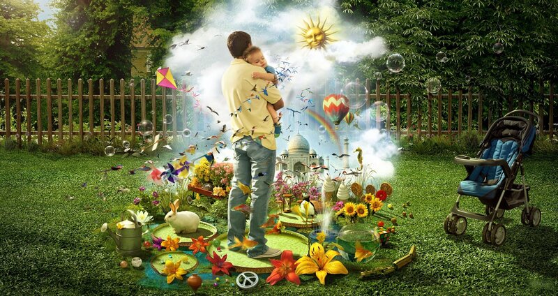 father and child in magical garden