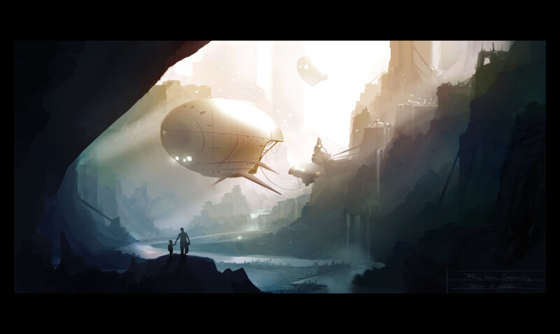 father and child watching airships